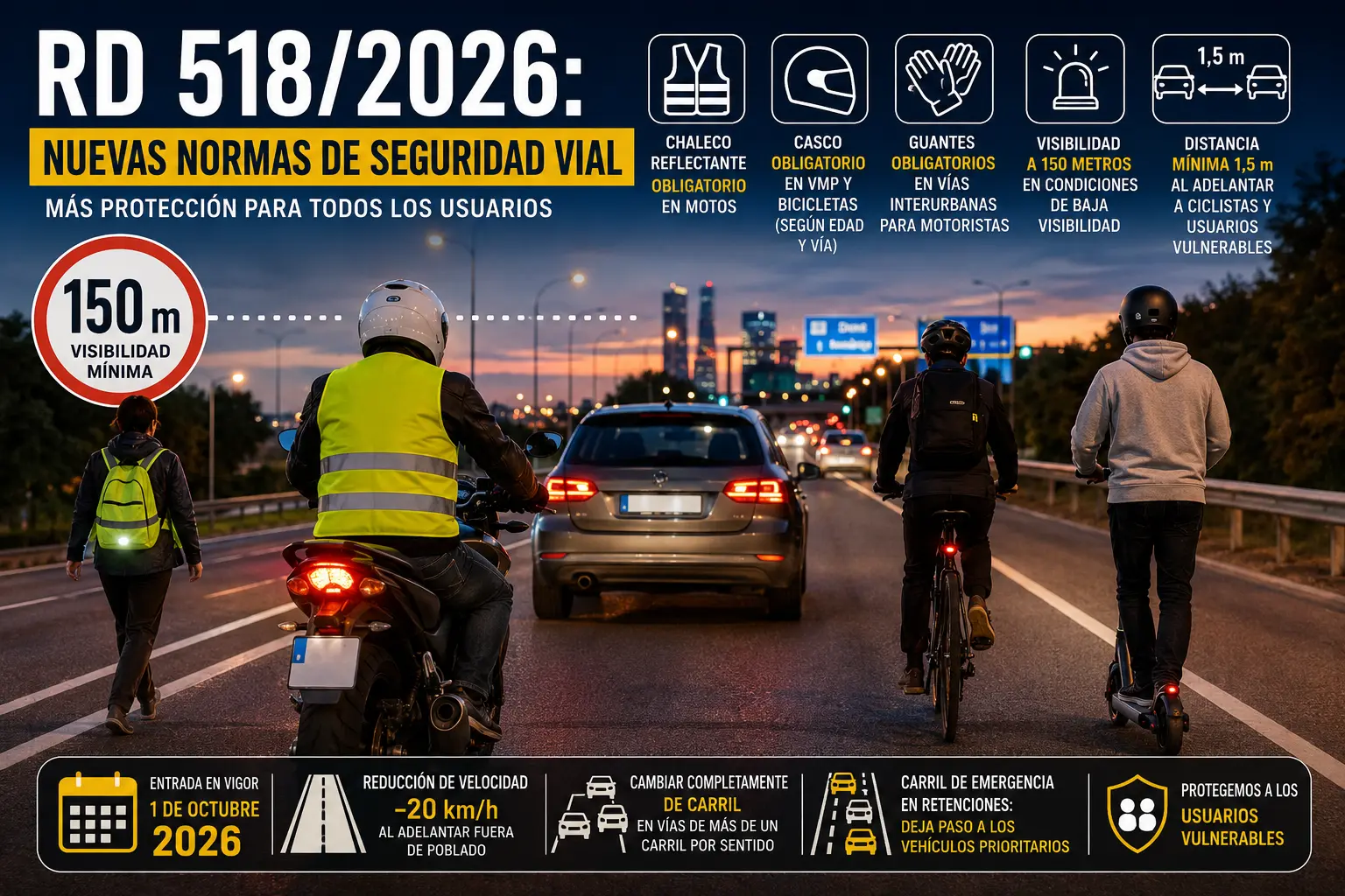Infografía sobre el RD 518/2026 de seguridad vial, con nuevas normas para motoristas, ciclistas, usuarios de VMP y peatones, incluyendo chaleco reflectante, casco, guantes, visibilidad y distancia de adelantamiento.