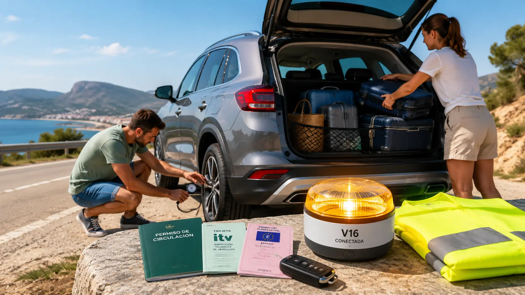 Familia preparando el coche antes de un viaje de verano con revisión de neumáticos, equipaje sujeto y baliza V16 conectada.