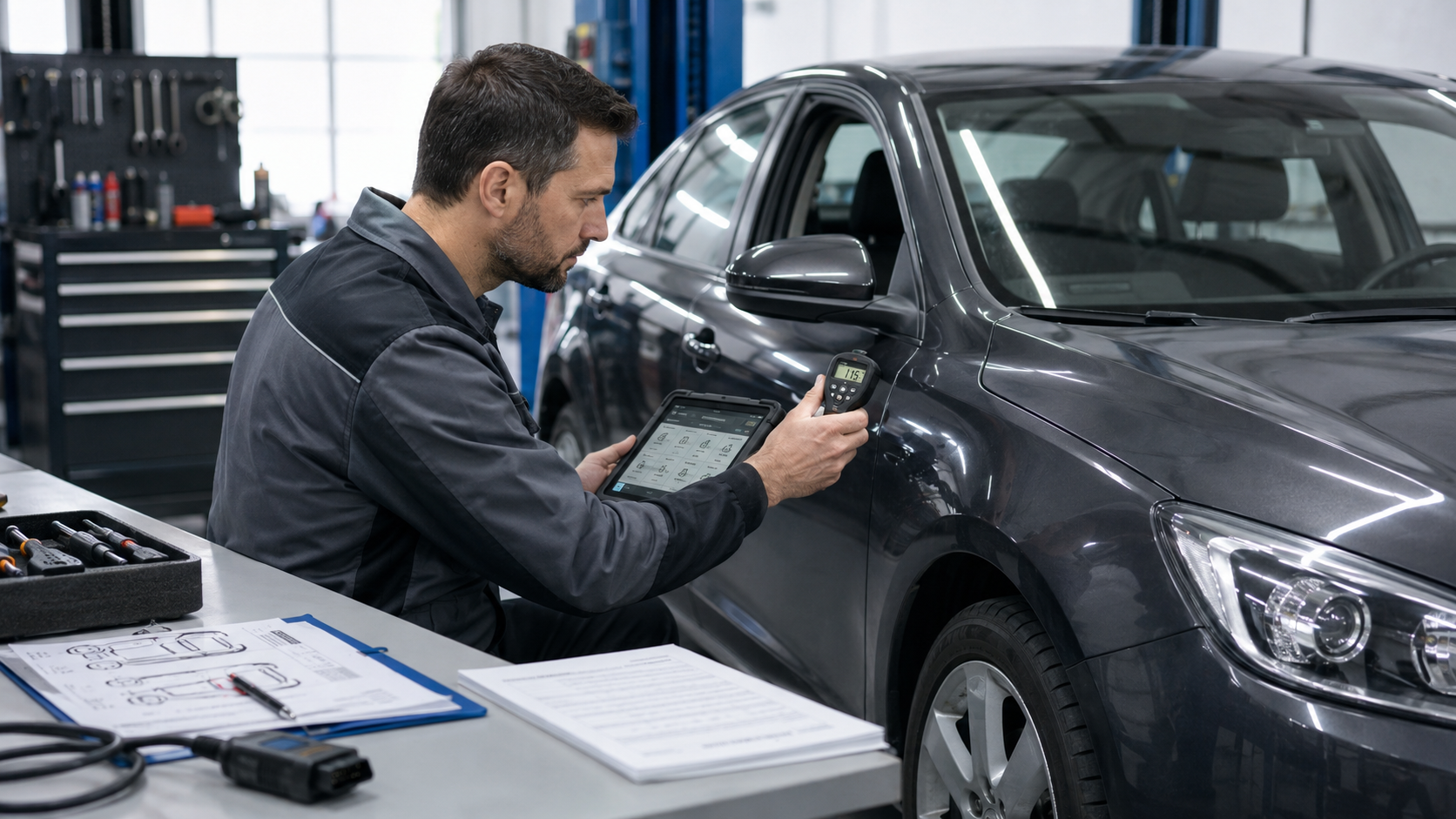 Perito revisando un coche de segunda mano antes de la compra para detectar vicios ocultos, daños previos y fraudes.
