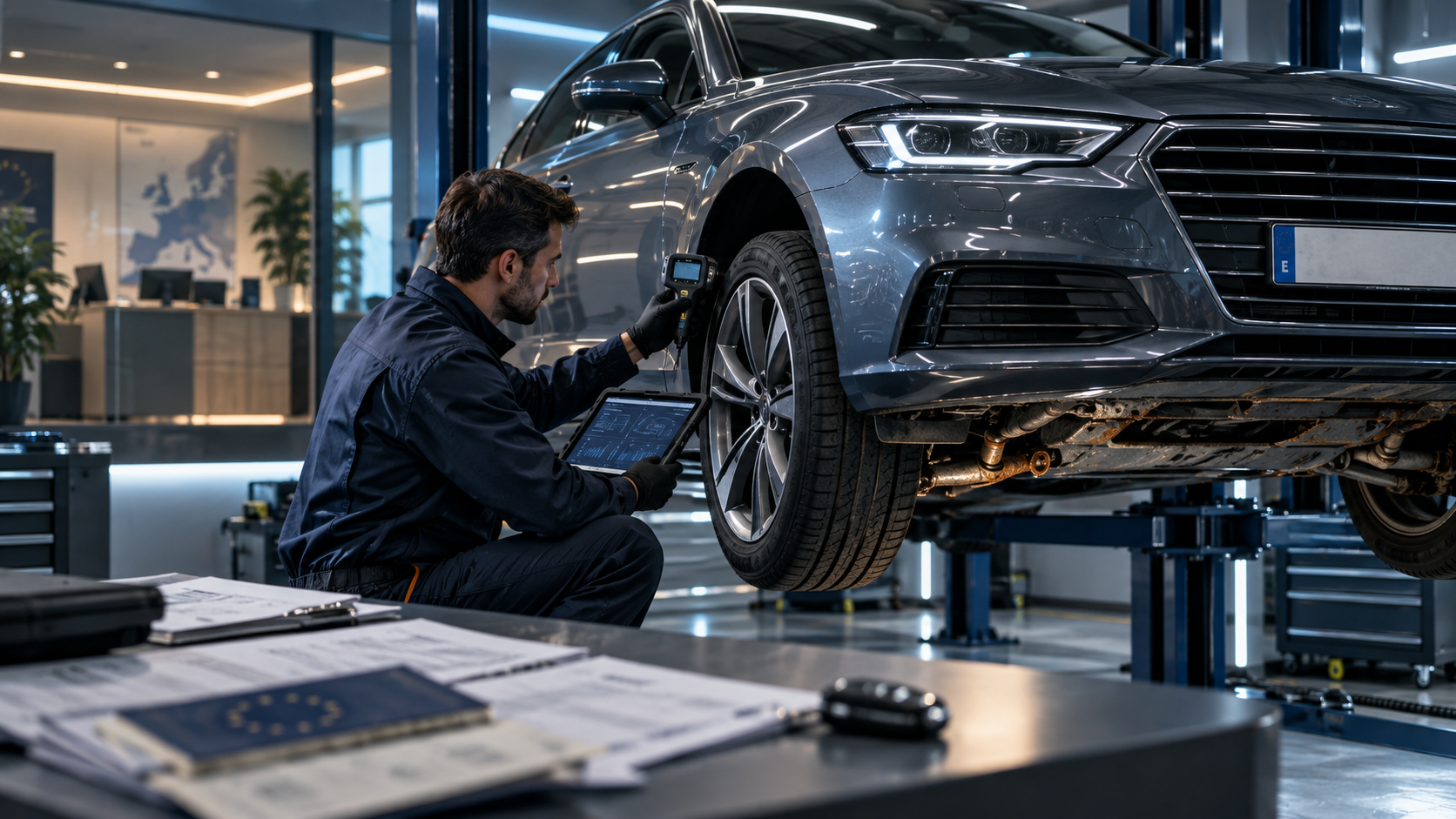 Perito revisando un coche usado importado mediante diagnosis electrónica y comprobación de su documentación e historial.