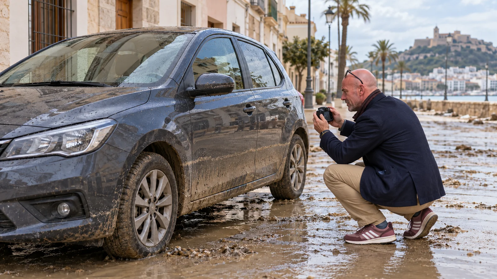 Perito de Perimecanic documenta los daños por inundación en un coche.