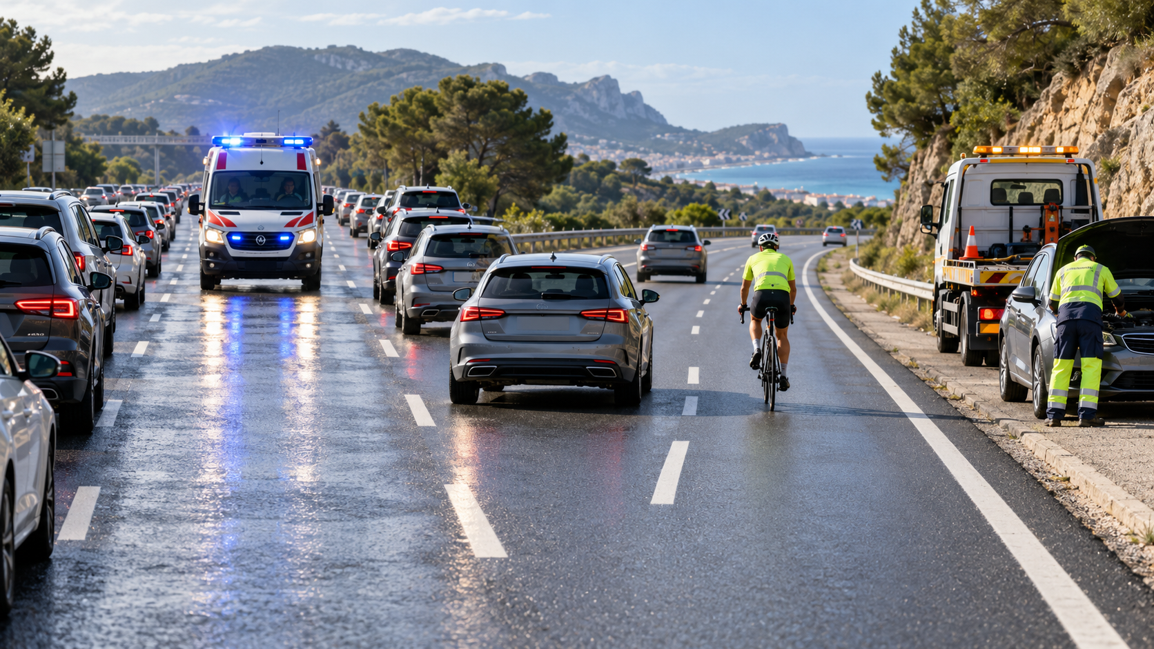 Vehículos dejando un corredor de emergencia en una autovía. Ajustarlo a lo que muestre la imagen finalmente utilizada.