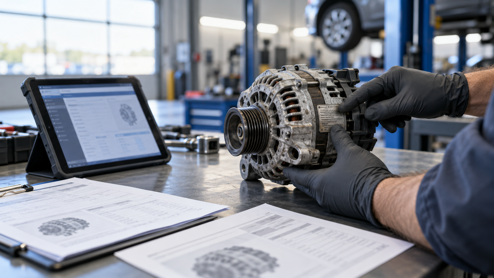 Técnico de automoción comprueba la referencia de una pieza usada junto a su factura y certificado de origen.